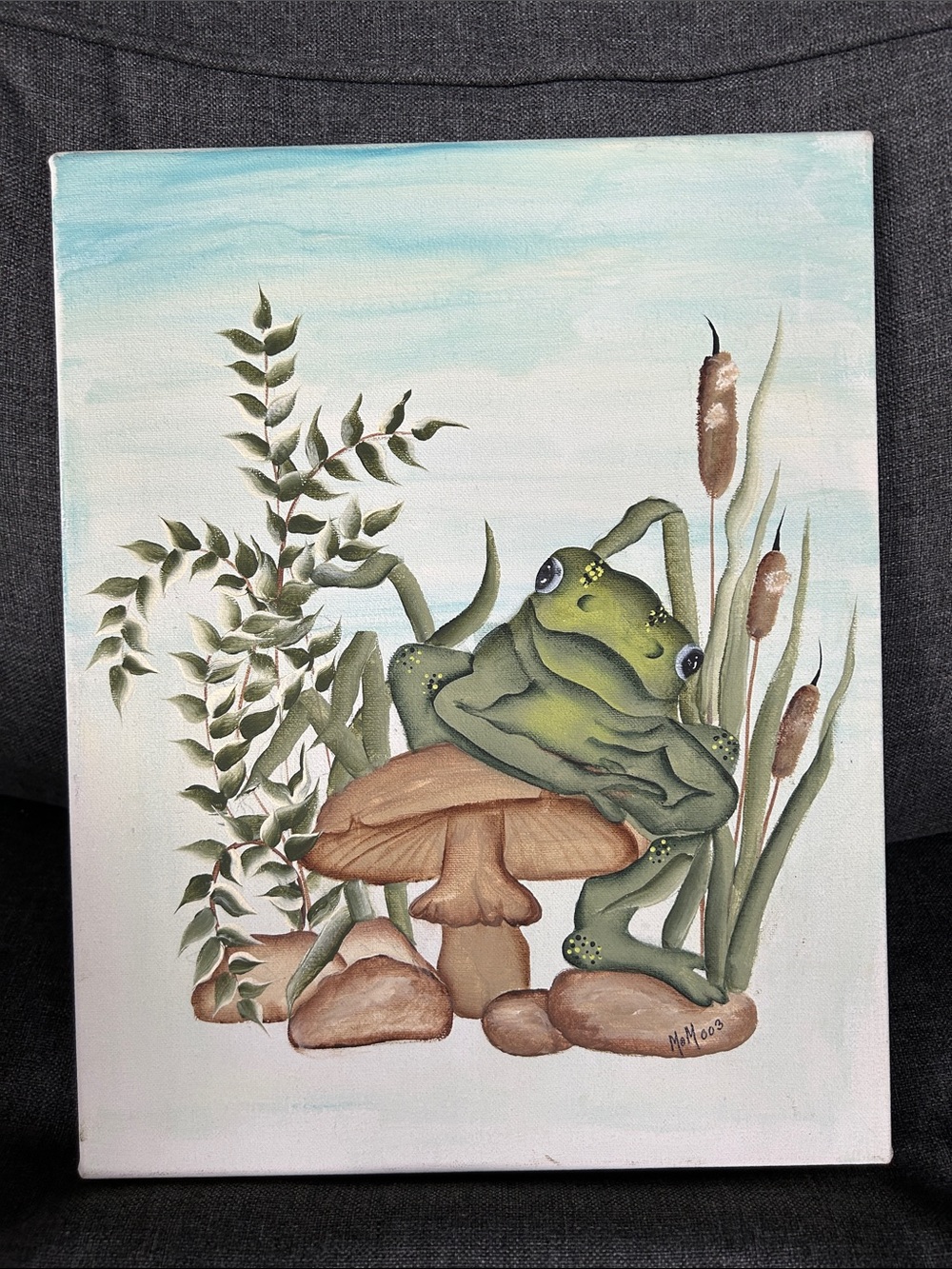 Green Frog on Mushroom Canvas Art Print by